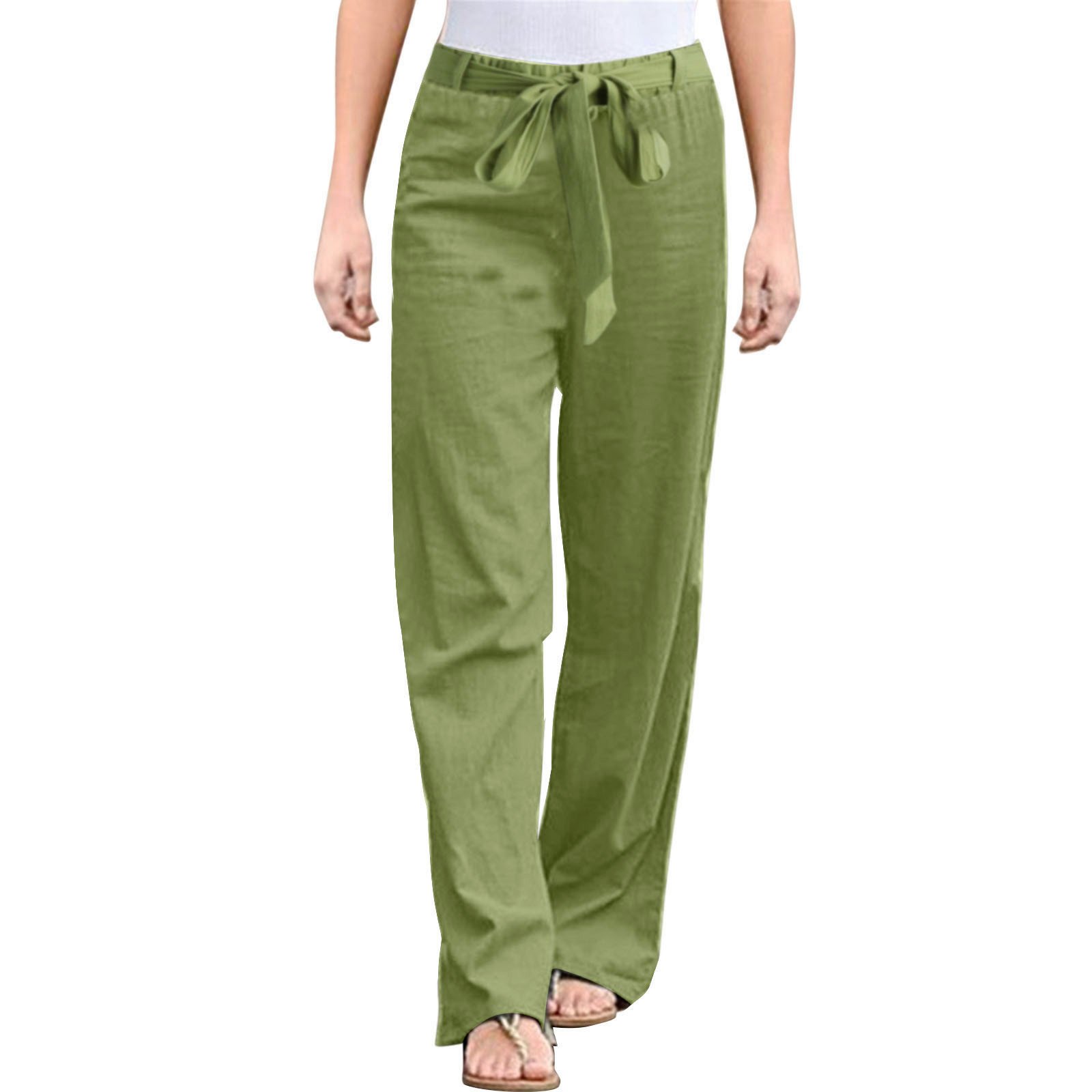 Pantalones anchos de algodón y lino para mujer: cintura alta elástica, cordón, transpirables, ropa informal para la oficina y la playa, tallas S-XXL, cintura de 66 a 88 cm.